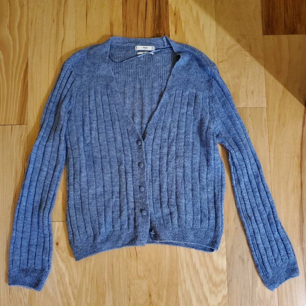 Mango Blue Wool Blend, Ribbed V-Neck Cardigan, size XS S